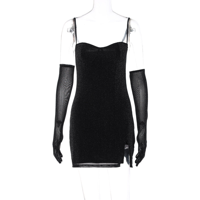 Glitter Mesh Sweetheart Spaghetti Strap Side Split Mini Dress with Gloves 10