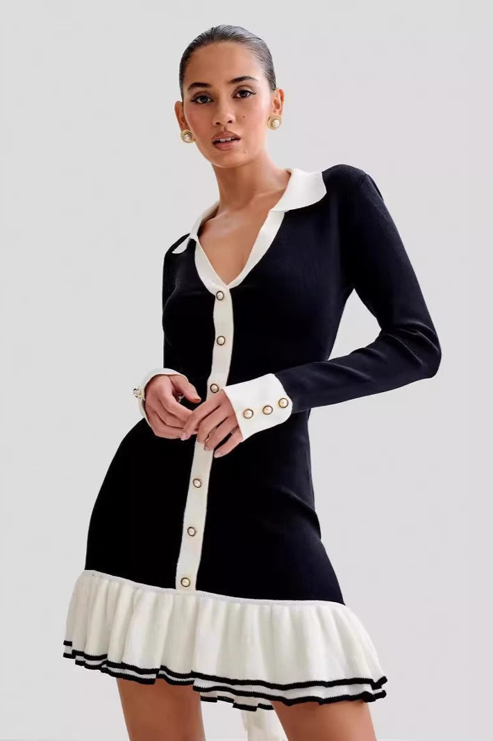 Contrast Trim Collared Long Sleeve Button Front Ruffle Hem Knit Mini Dress