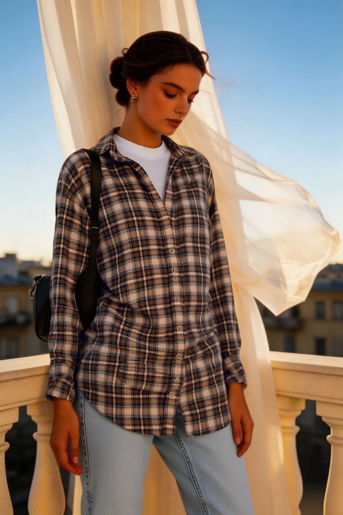 Plaid Collared Long Sleeve Button Front Oversized Curved Hem Shirt