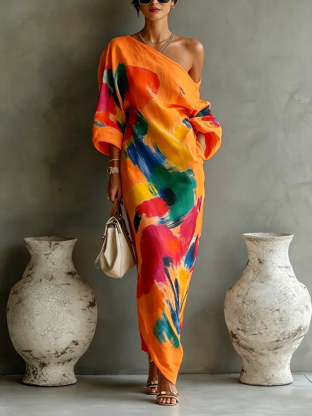 Abstract Print One Shoulder Long Sleeve Maxi Dress 5