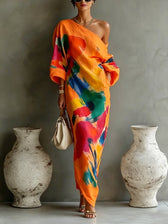 Abstract Print One Shoulder Long Sleeve Maxi Dress 5