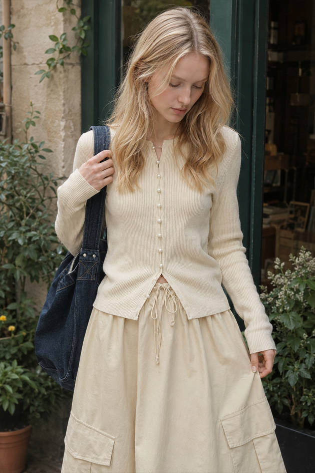 Round Neck Long Sleeve Button Front Ribbed Knit Cardigan 4