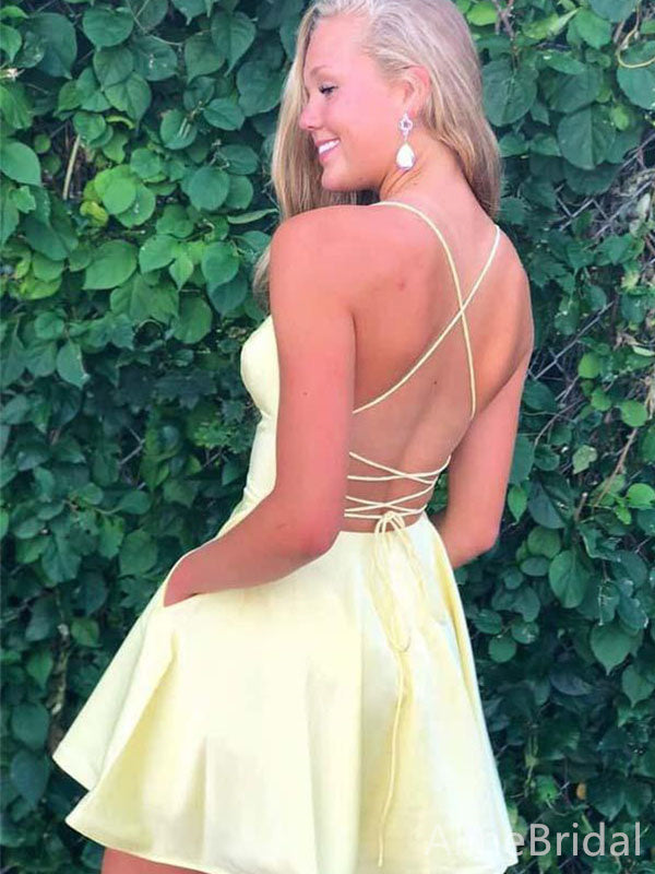 Satin V-Neck Spaghetti Strap A-Line Homecoming Mini Dress with Pockets 2