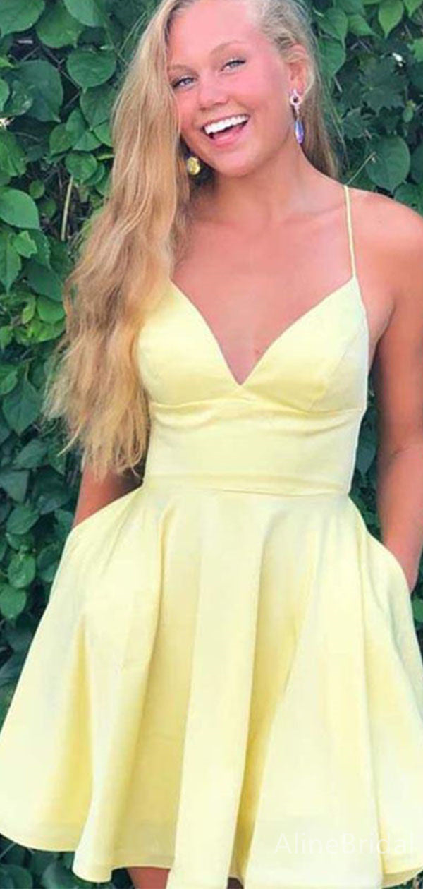 Satin V-Neck Spaghetti Strap A-Line Homecoming Mini Dress with Pockets 3
