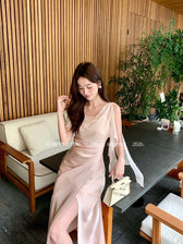 Satin Cowl Neck High Split Ruffle Slip Dress 11
