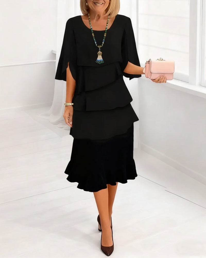 Round Neck Half Sleeve Tiered Ruffle Midi Dress