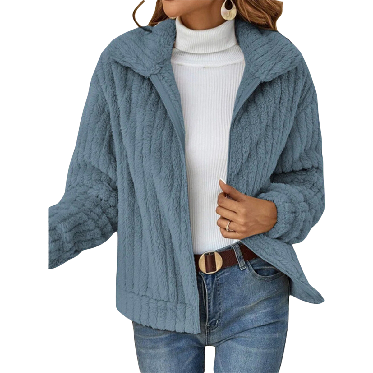 Fuzzy Fleece Lapel Collar Open Front Jacket