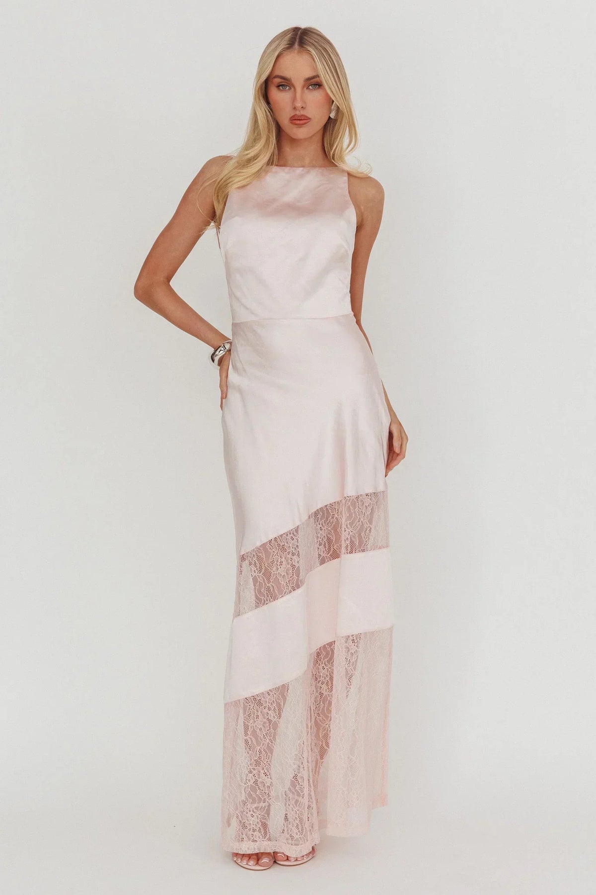 Satin Spaghetti Strap Open Back Lace Panel Maxi Dress 5