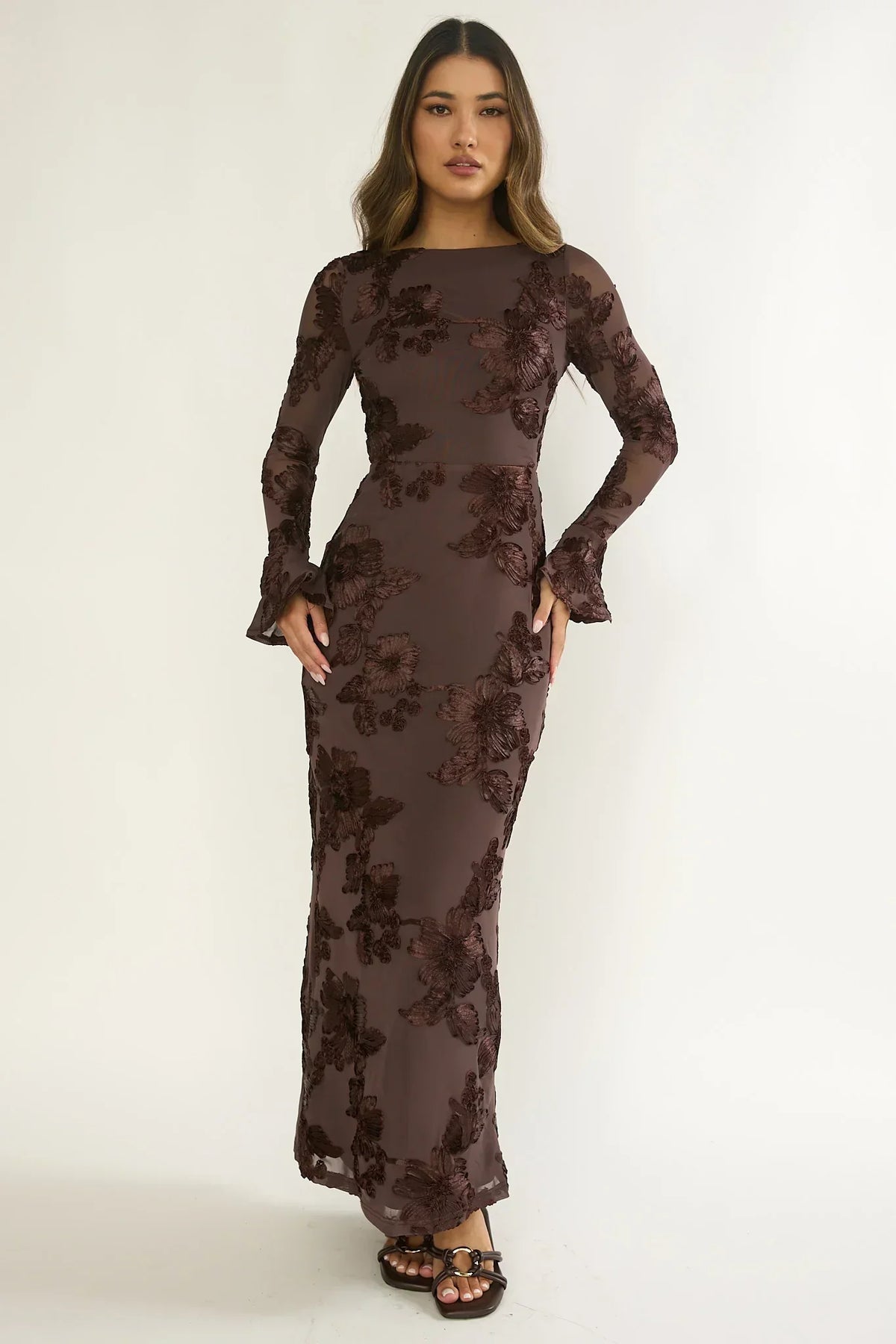 Floral Embroidered Mesh Long Sleeve Flare Cuff Maxi Dress 5
