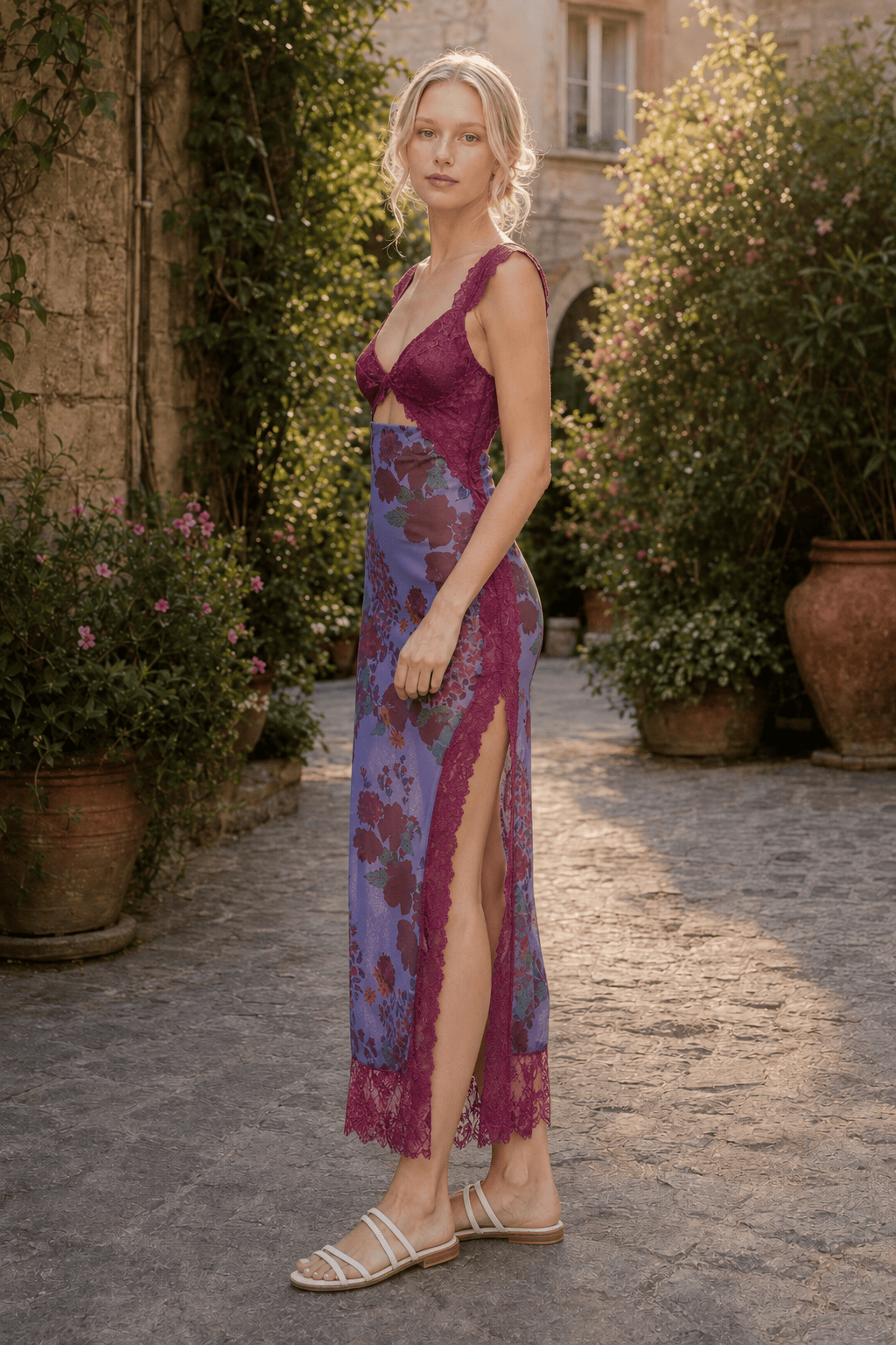 Lace Patchwork Strap Backless Slit Maxi Floral Dress