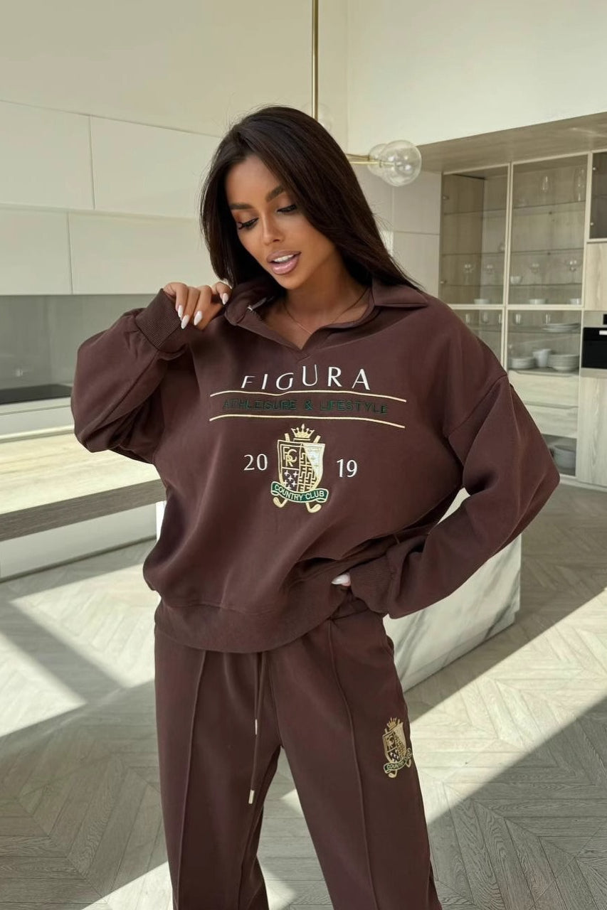 Collared Crest Graphic Sweatshirt and Drawstring Wide Leg Pants Two Piece Set 3