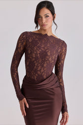 Sheer Lace Panel Ruched Satin Mermaid Maxi Lace Dress