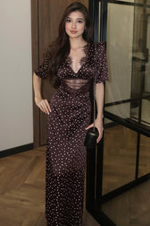 Lace Trim V-Neck Polka Dot Fit Floor Lace Dress