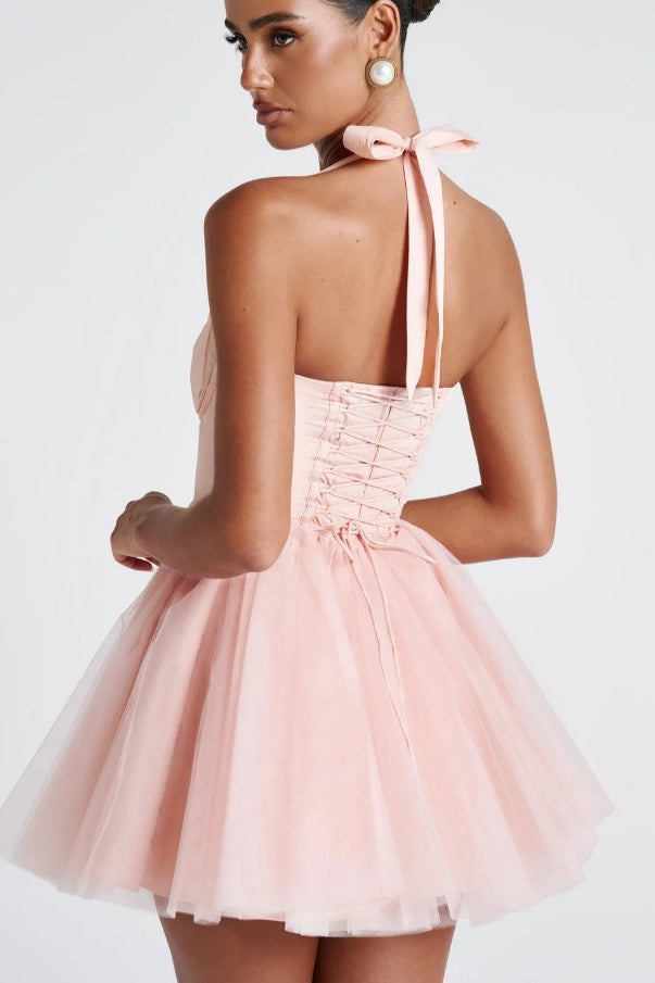 Tulle Halter Neck Corset Tiered Mini Dress