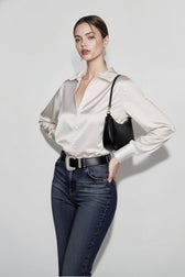 Lace Leather Panel Sheer Long Sleeve Chic Blouse