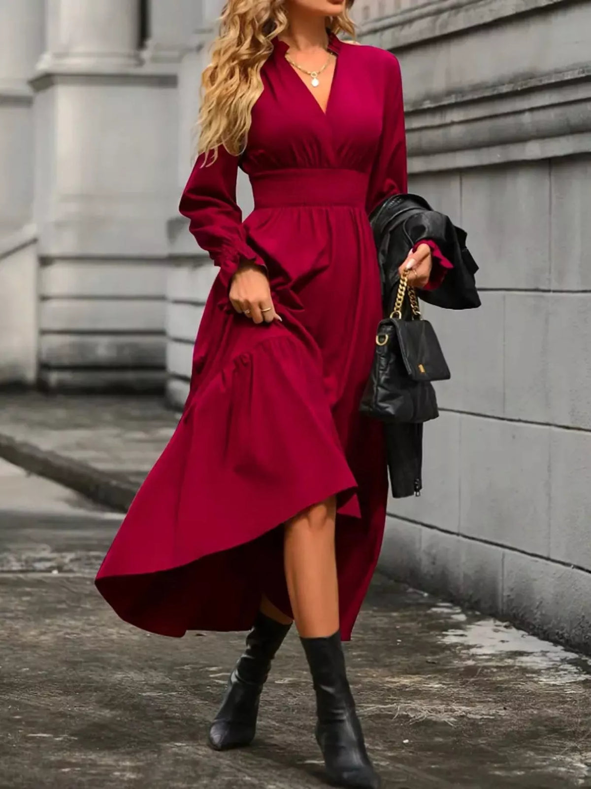 Surplice V-Neck Smocked Waist Balloon Sleeve Tiered Midi Dress 4