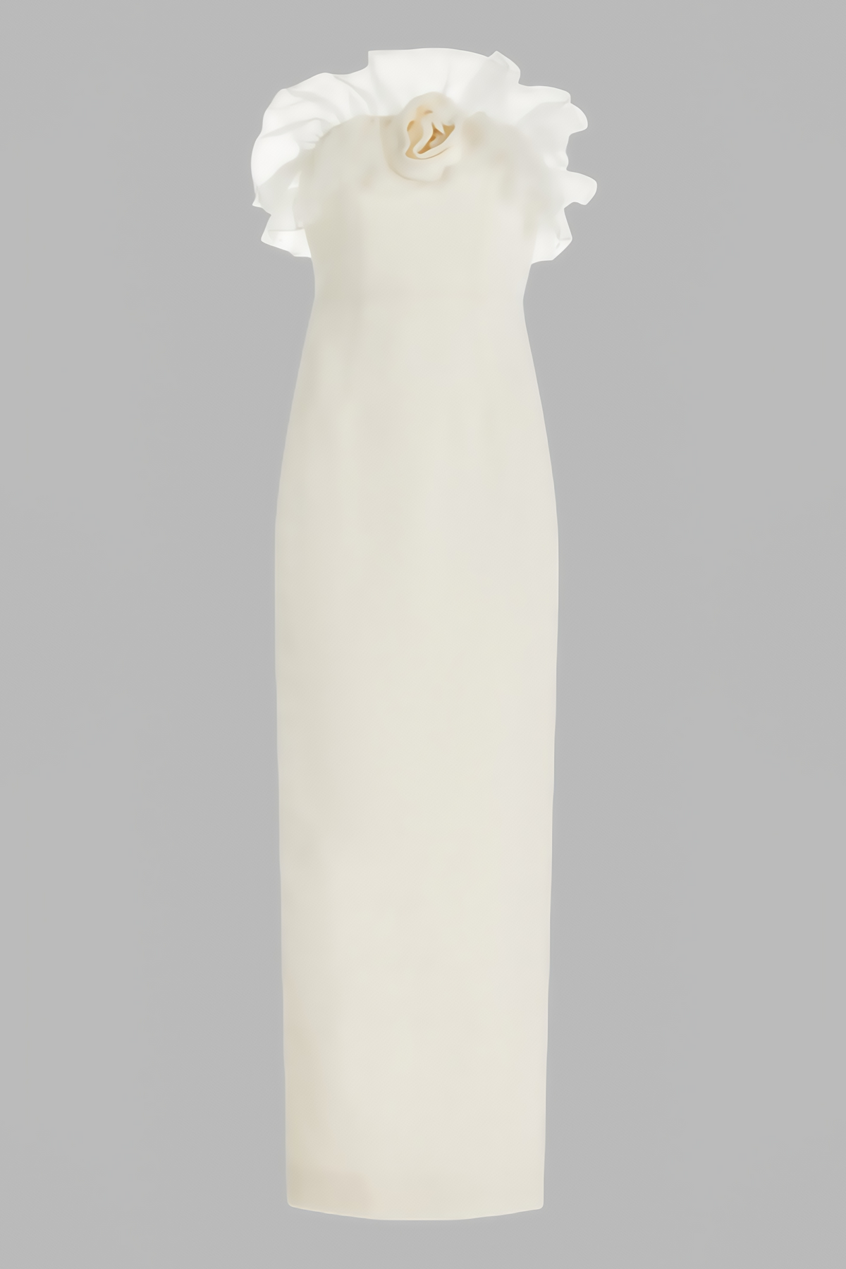 Strapless Organza Ruffle Rosette Trim Column Maxi Dress 4