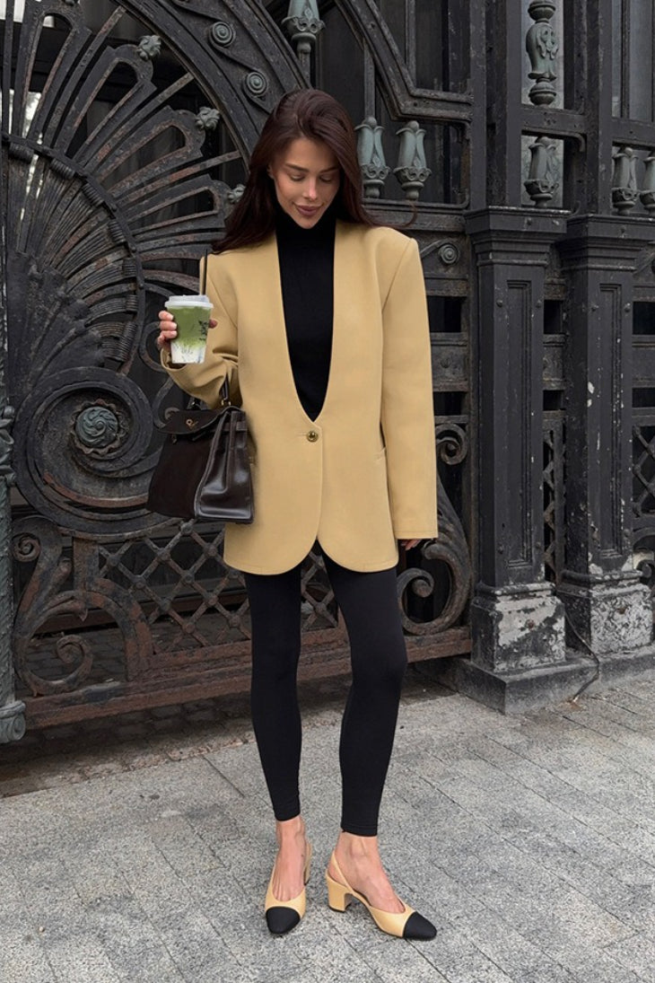 Collarless Deep V-Neck Single Button Oversized Longline Blazer 2