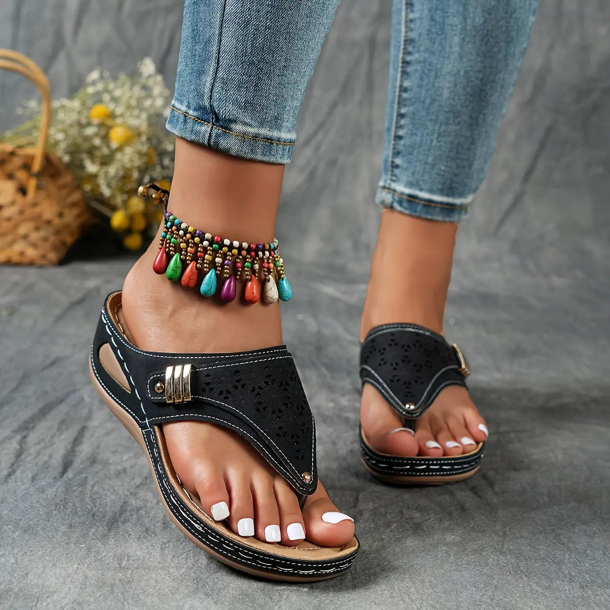 Cut Out Floral Thong Wedge Sandals