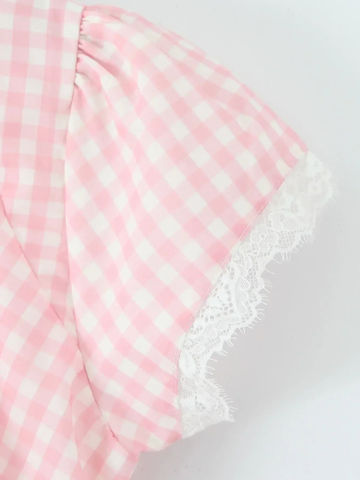 Gingham V-Neck Puff Sleeve Bow Button Front Lace Trim Mini Dress 13
