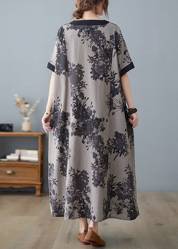 Floral Print V-Neck Contrast Trim Short Sleeve Pocket Oversized Maxi Dress