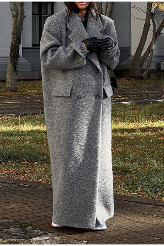 Elegant Wool Lapel Single Button Pocket Office Overcoat