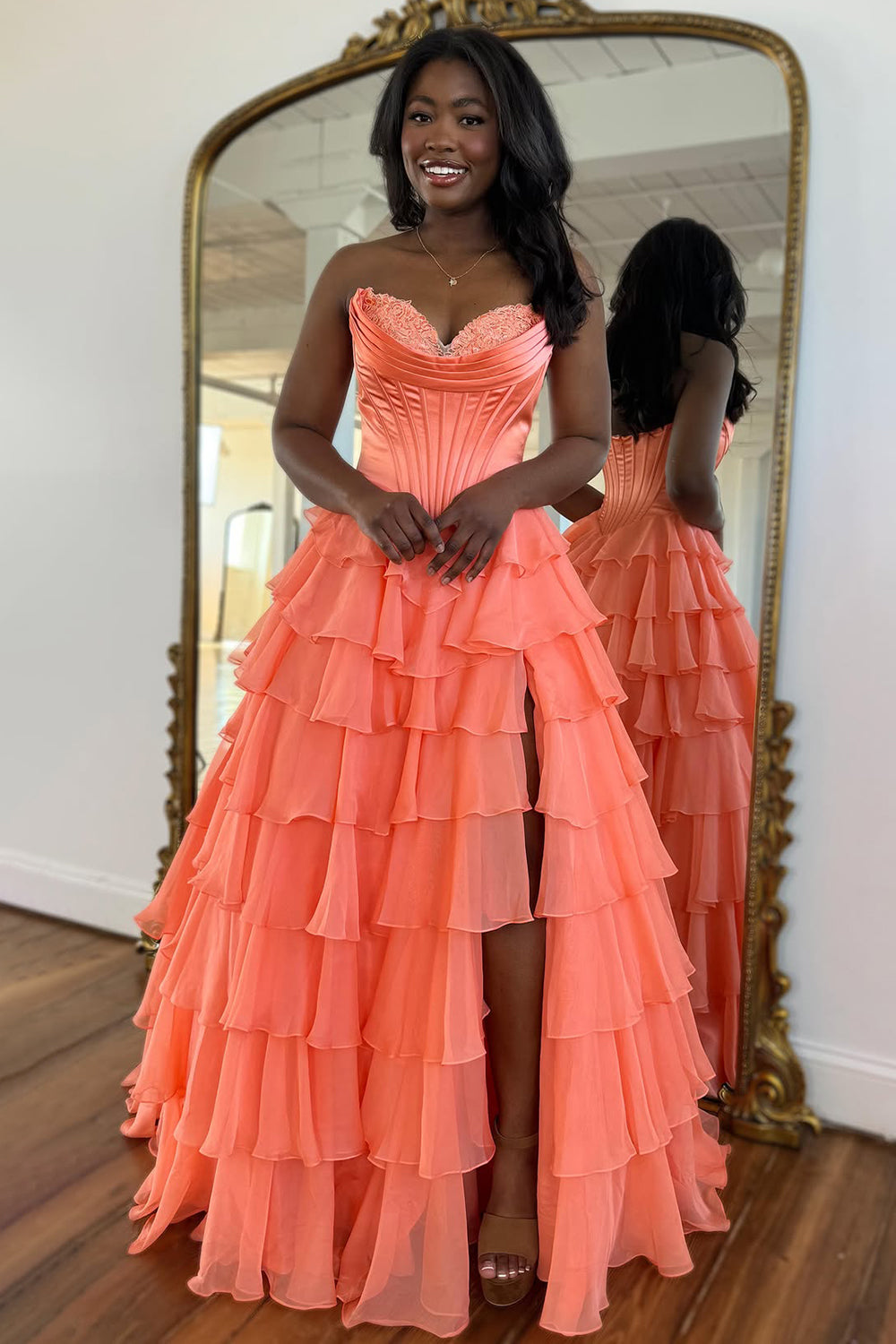 Lovely Yellow A-Line Sweetheart Long Tiered Prom Dress with Slit