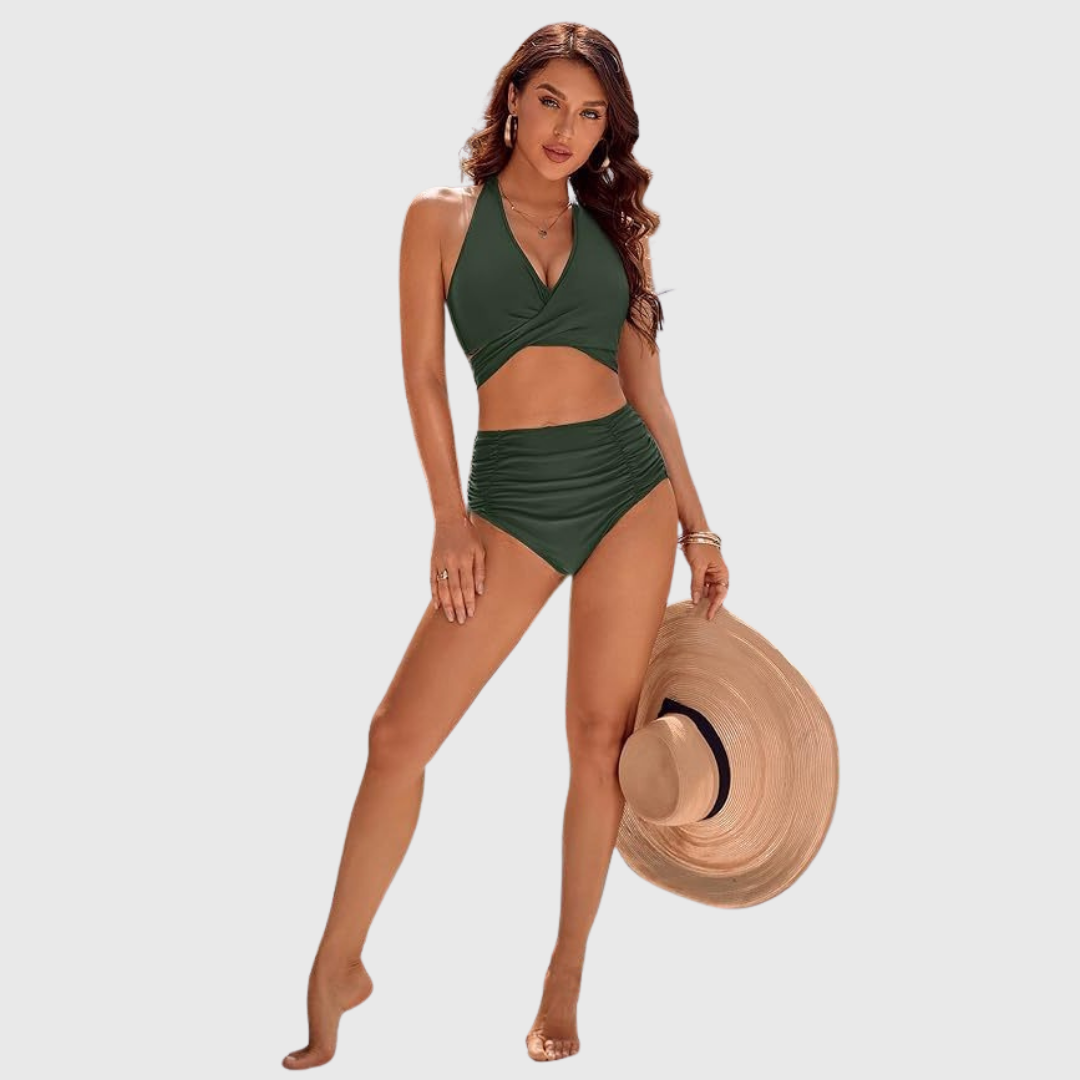 Halter Neck Wrap Front High Waist Bikini Set
