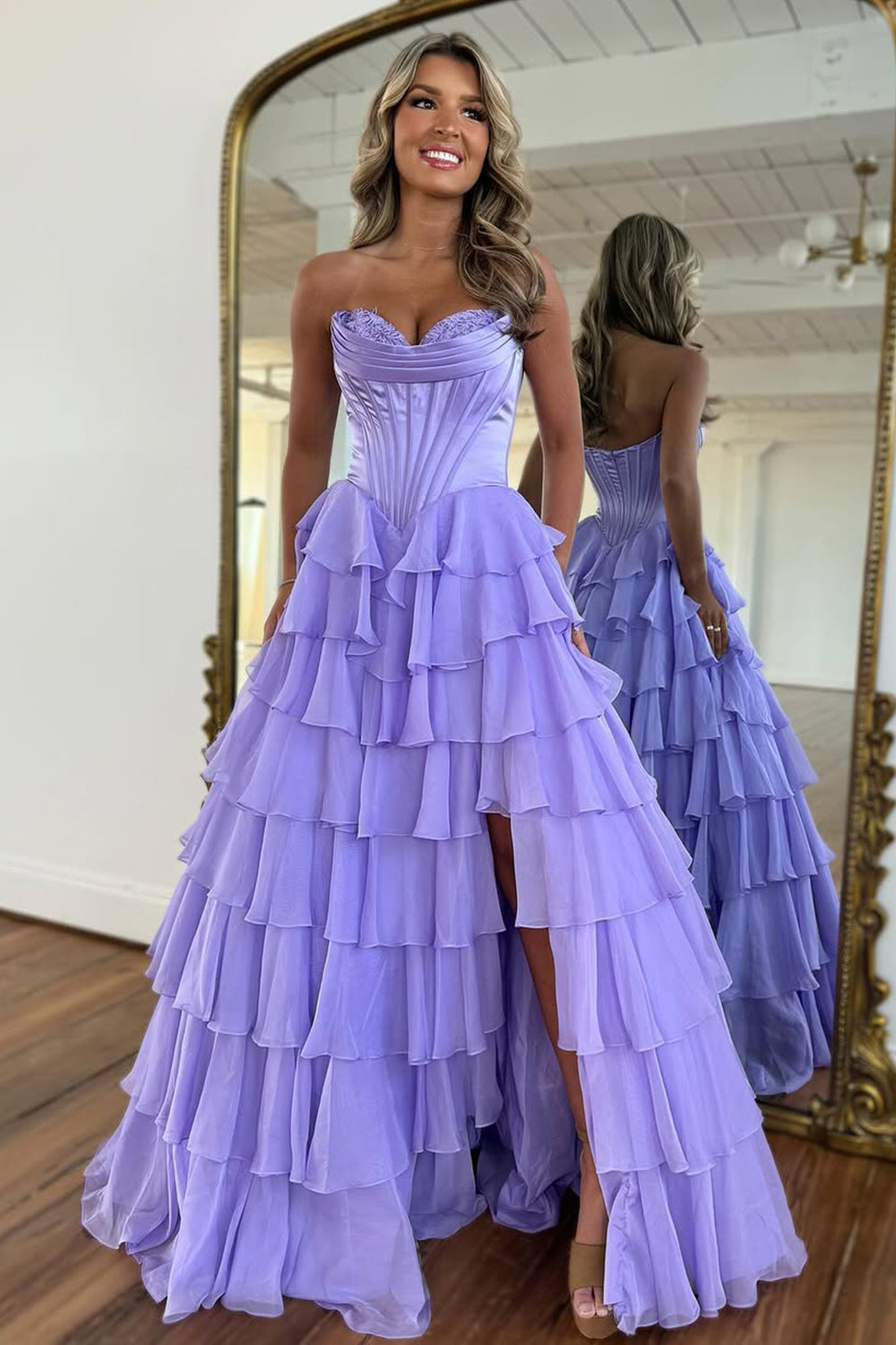 Lovely Yellow A-Line Sweetheart Long Tiered Prom Dress with Slit