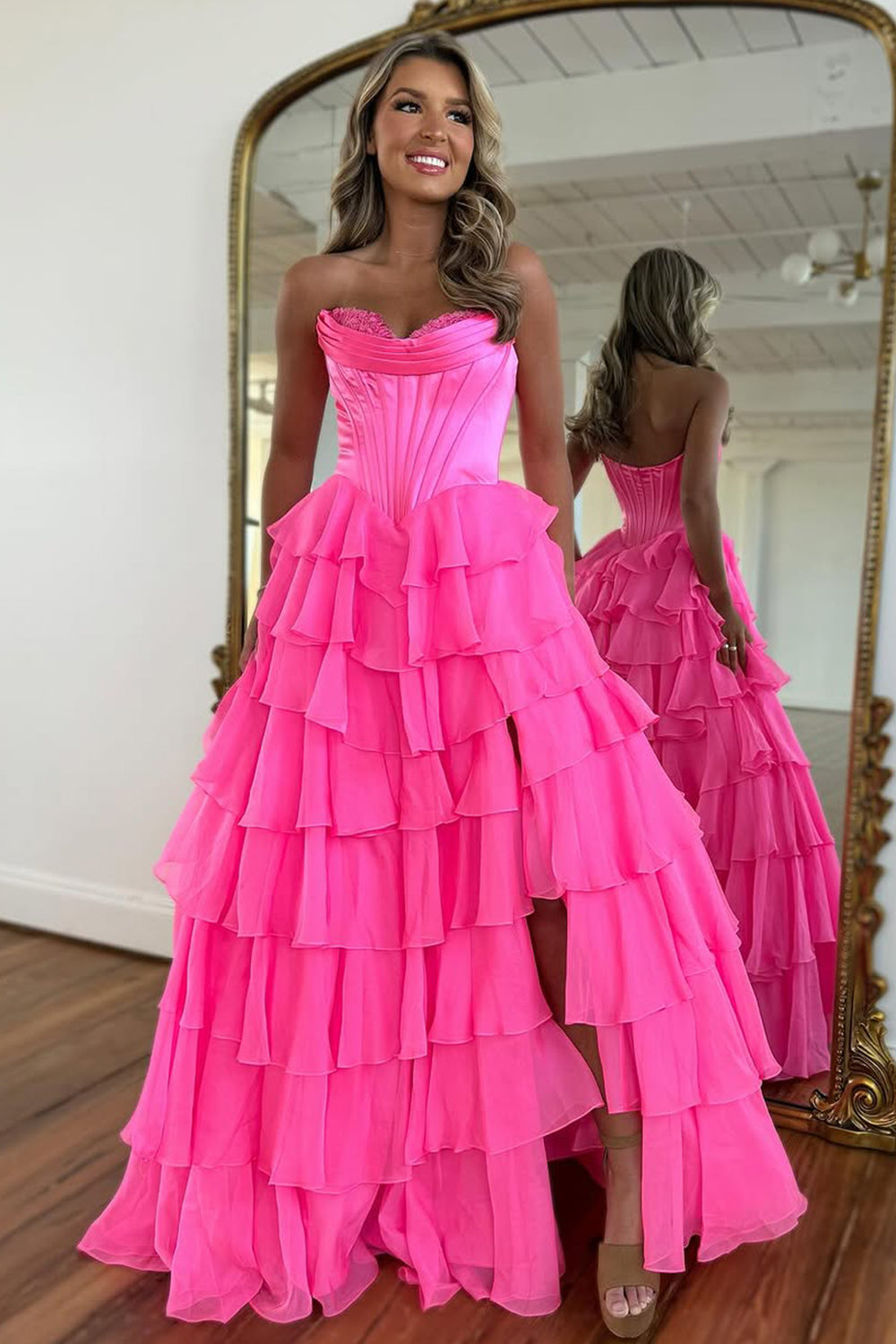 Lovely Yellow A-Line Sweetheart Long Tiered Prom Dress with Slit