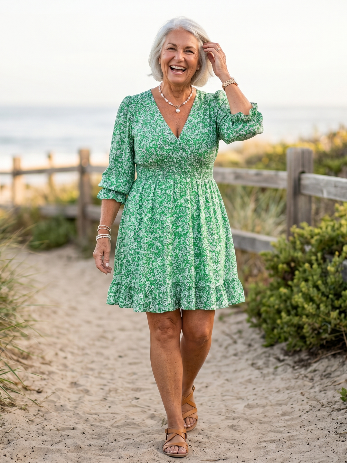 Ditsy Floral V-Neck Puff Sleeve Smocked Waist Mini Dress
