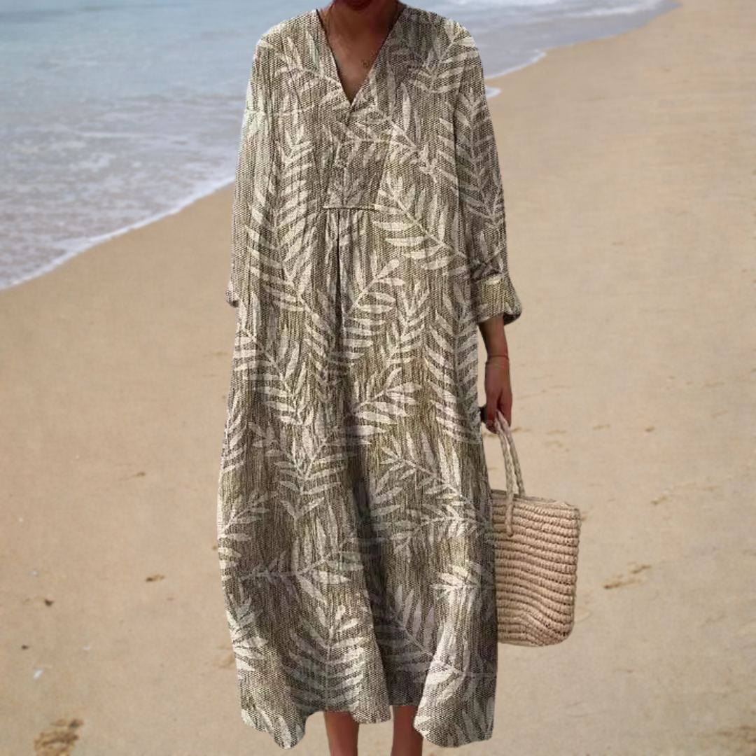 Leaf Print V-Neck Long Sleeve Loose Maxi Beach Dress