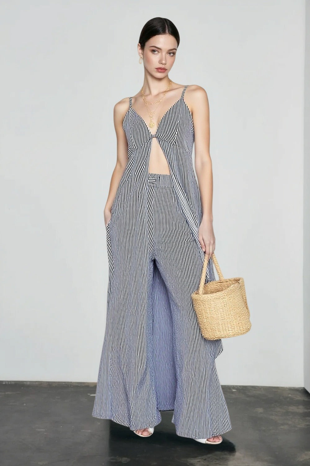 Striped Split Front Longline Cami Top and Wide Leg Pants Two Piece Set