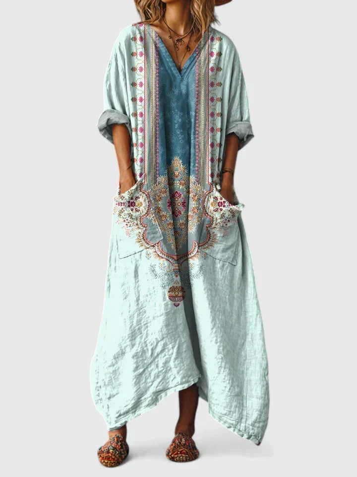Ornate Print V-Neck Pocket Kaftan Maxi Dress 8