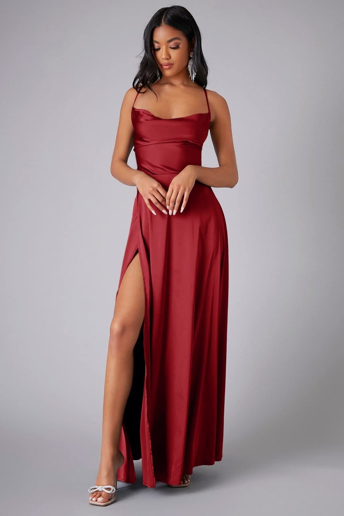 Satin Cowl Neck Spaghetti Strap High Split Maxi Formal Dress