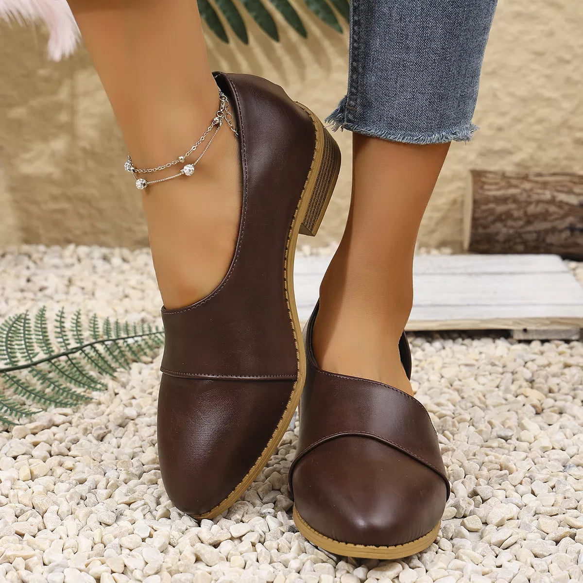 Women’s Pointed Toe Block Heel Loafers – Elegant Slip-On Dress Shoes for Work & Casual Outfits Brown