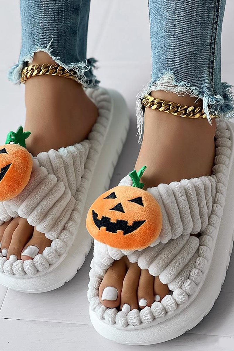 Halloween-Themed Cross Strap Fuzzy Slippers Featuring Pumpkin Patterns