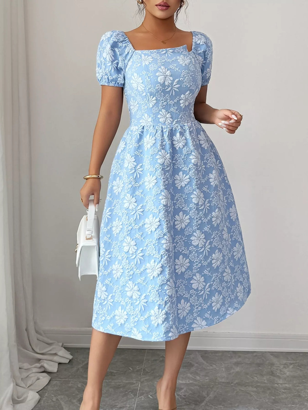 Floral Square Neck Puff Sleeve Midi Dress