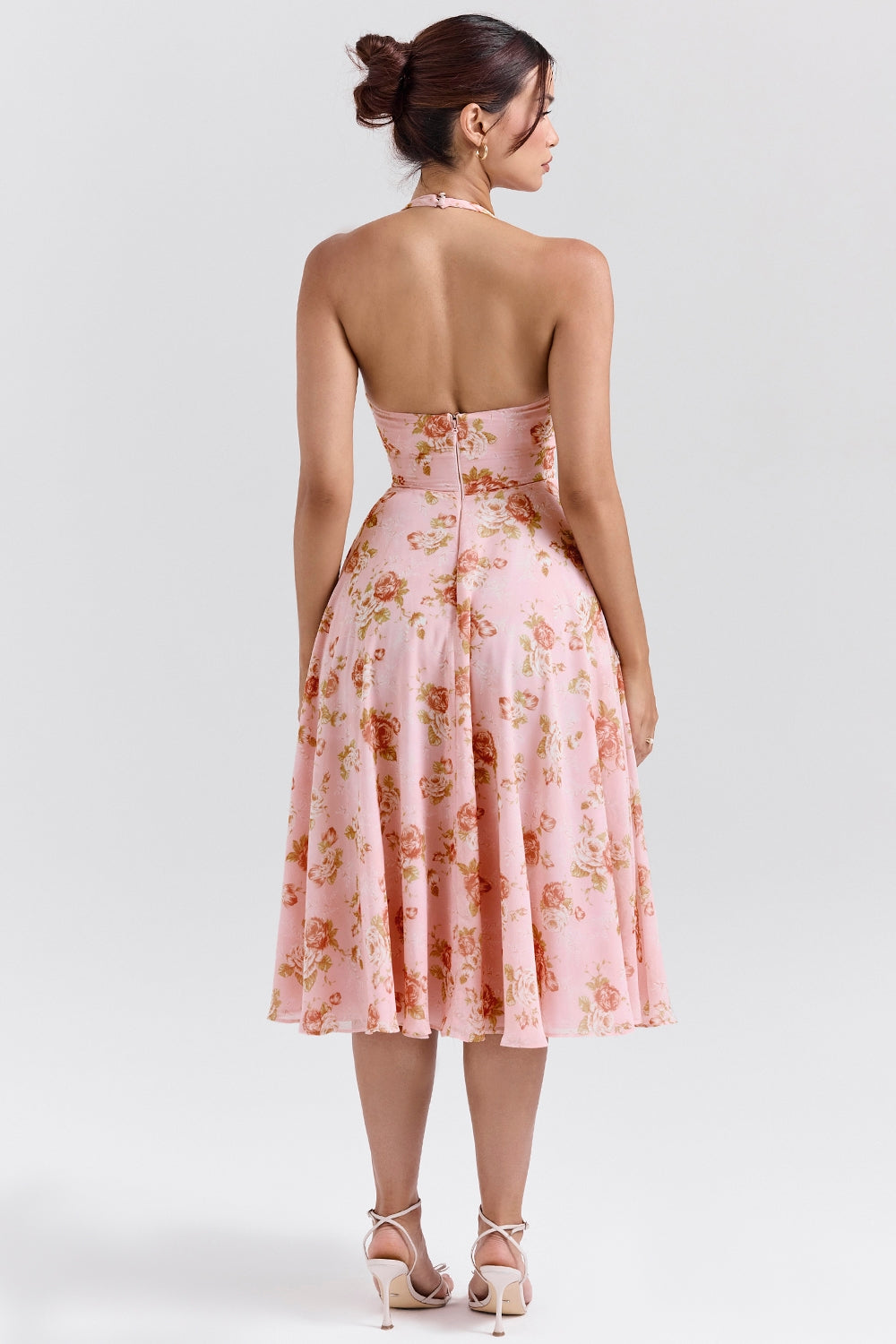 Rose Print Georgette Halter Plunge Full Skirt Midi Dress 7