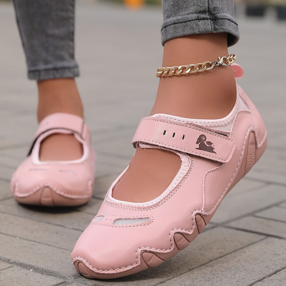 Round Toe Hook and Loop Strap Flats
