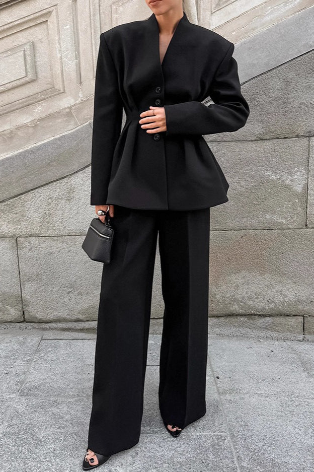 Collarless V-Neck Padded Shoulder Gathered Waist Peplum Blazer