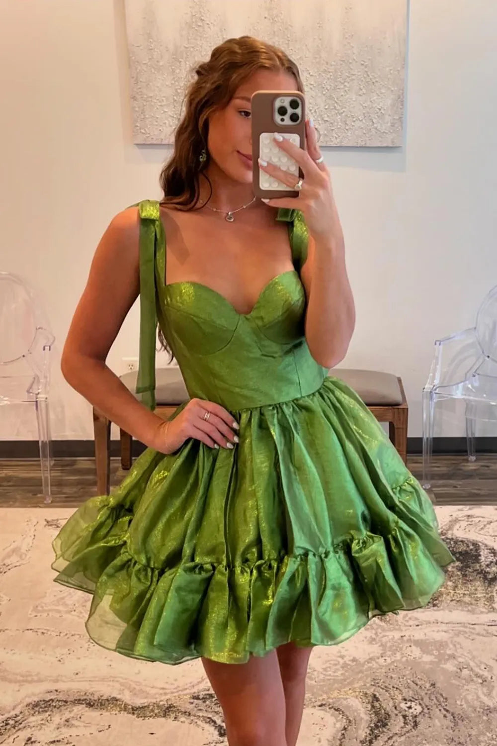 Cute Barbie Style A-Line Tie Straps Short Organza Homecoming Dress
