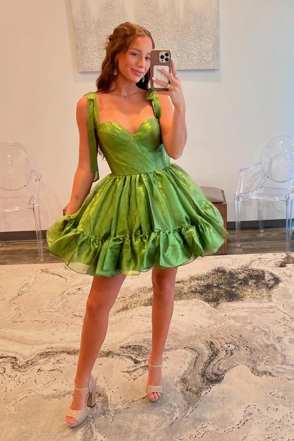Cute Barbie Style A-Line Tie Straps Short Organza Homecoming Dress