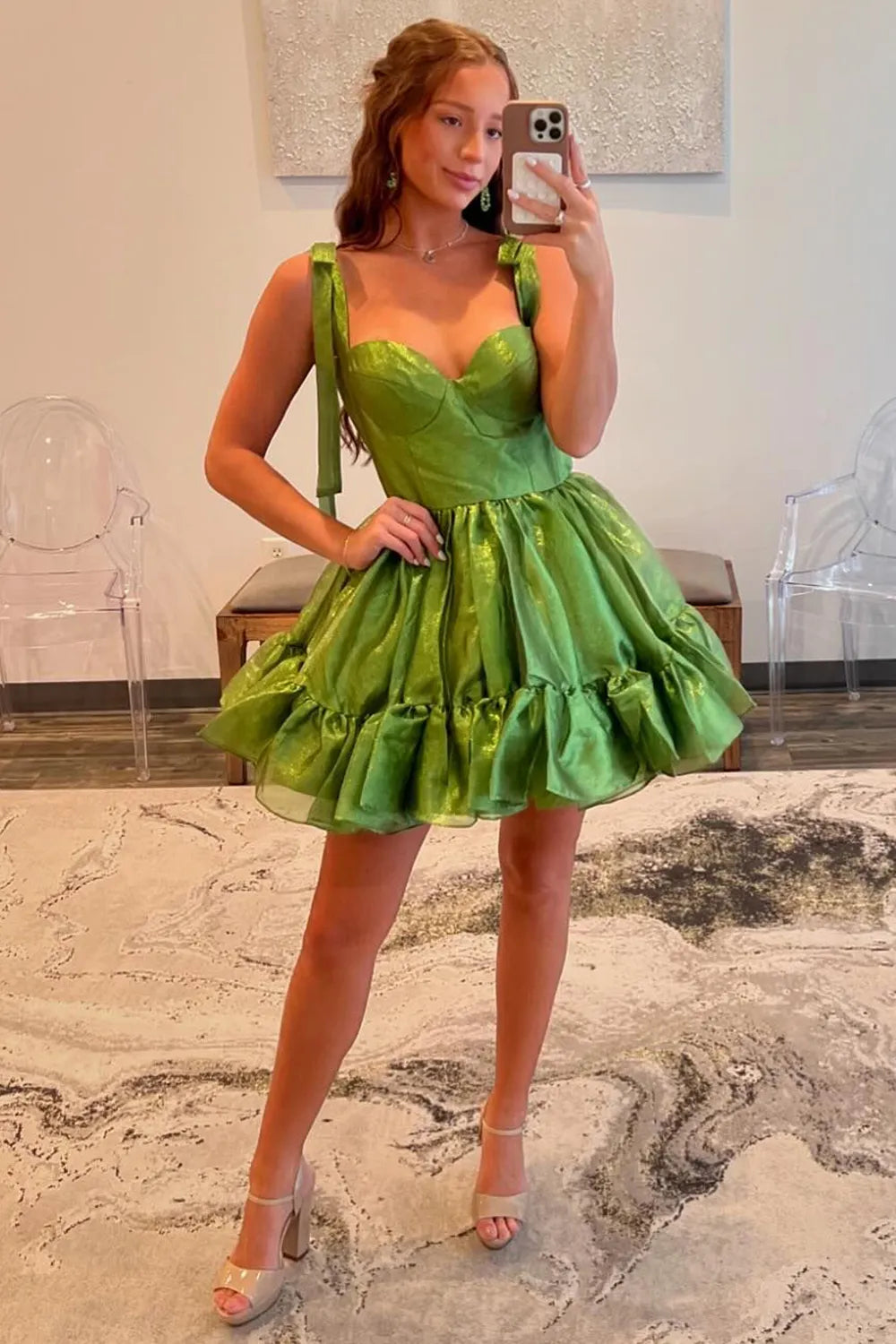 Cute Barbie Style A-Line Tie Straps Short Organza Homecoming Dress