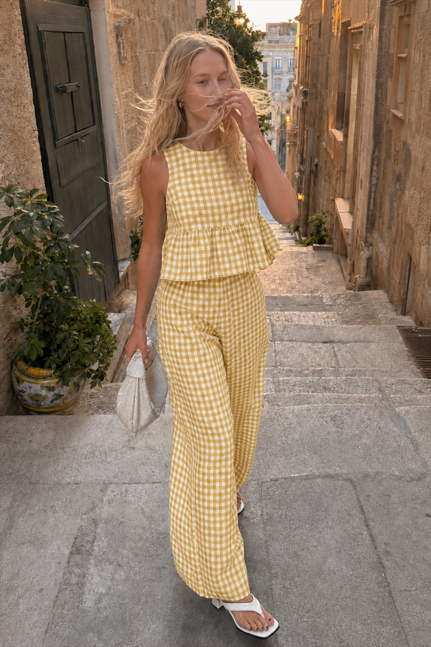 Plaid Ruffle Hem Round Neck Sleeveless Pants Set