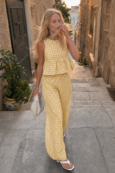 Plaid Ruffle Hem Round Neck Sleeveless Pants Set