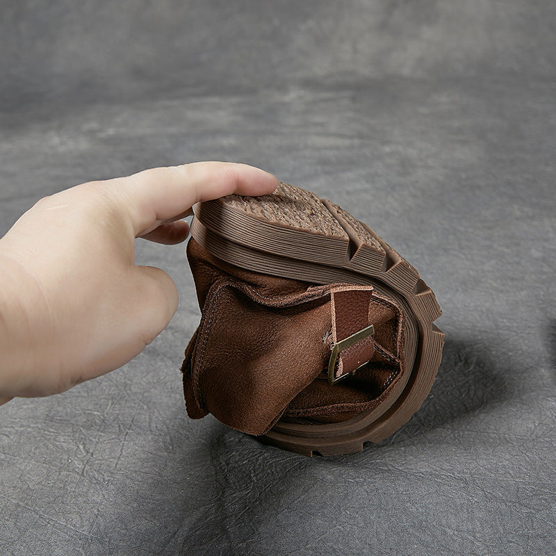 Mori Style Ankle Booties For Women Brush-Off Leather Buckle Boots in Coffee/Khaki