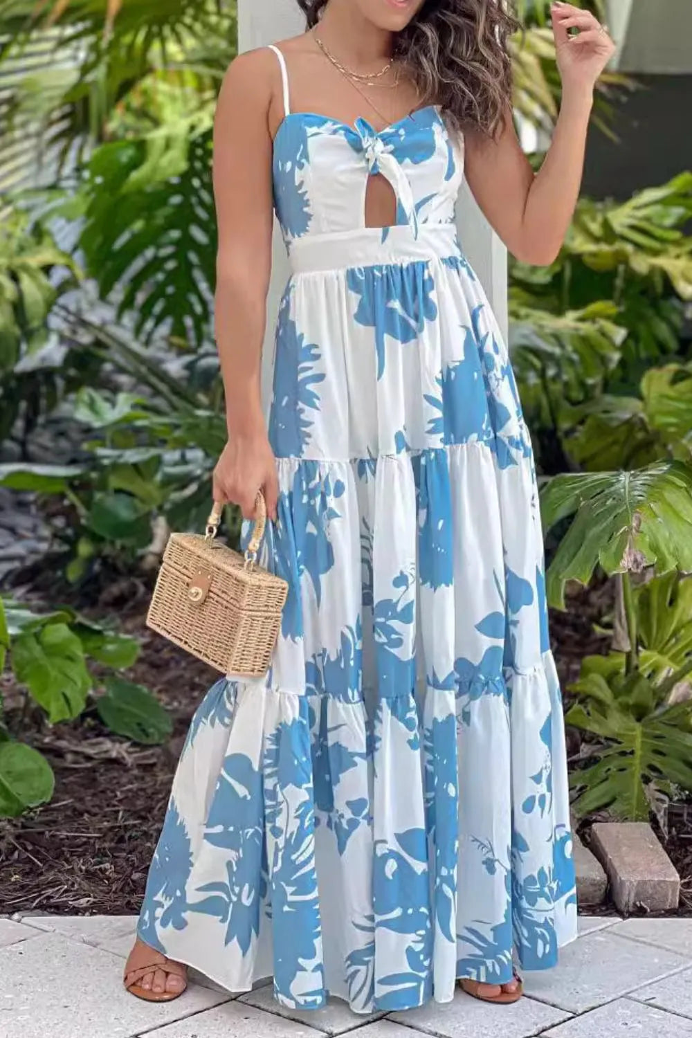 Tropical Leaf Print Tie Front Cut Out Tiered Maxi Dress 2