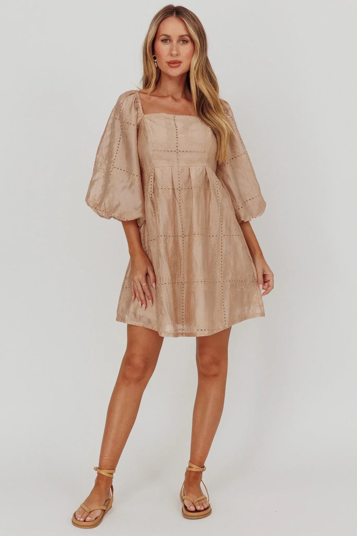 Eyelet Square Neck Balloon Sleeve Babydoll Mini Dress 3