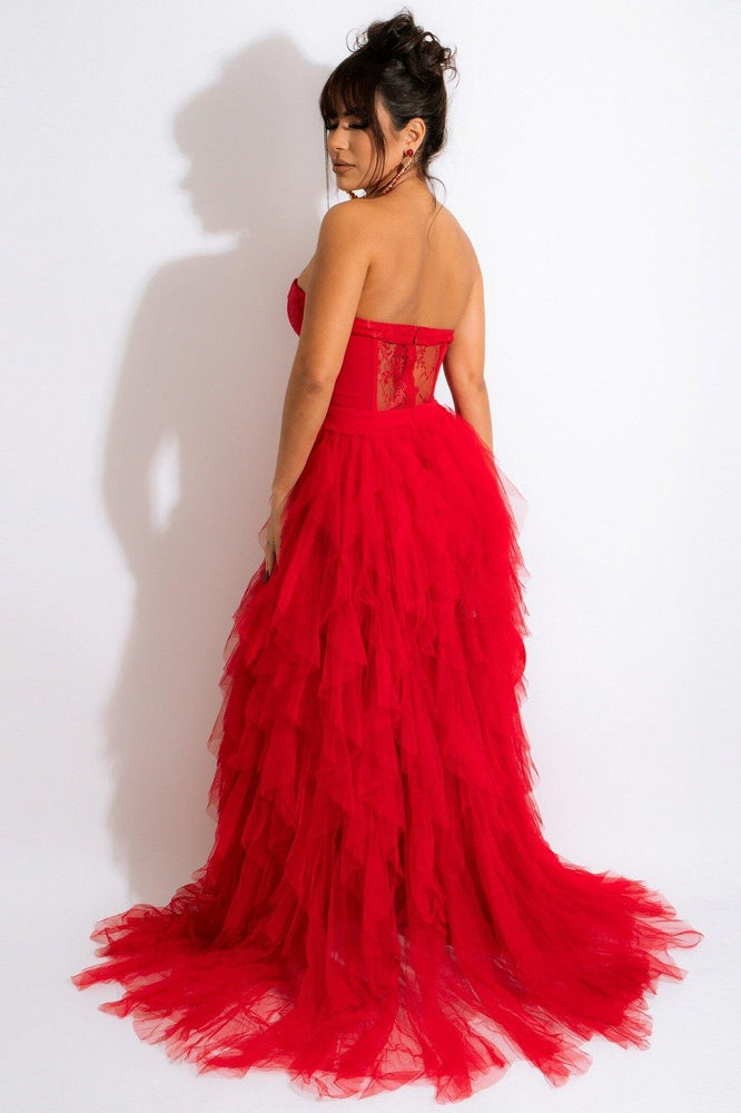 Sheer Lace Bustier Strapless Tulle A-Line Formal Gown